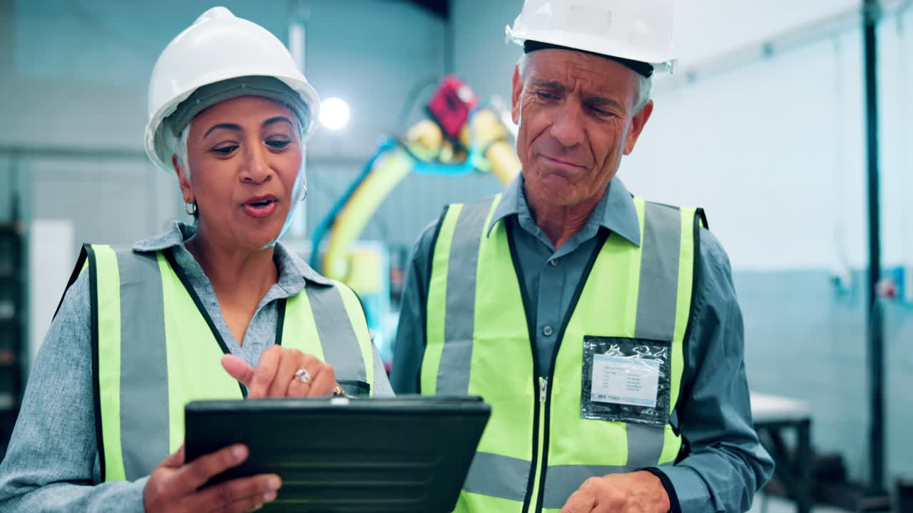 trabajadores de la fábrica discutiendo en la tableta