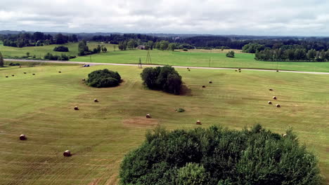 An-Einem-Sonnigen-Tag-In-Lettland-Liegen-Strohballen-Auf-Einem-Gemähten-Rasen