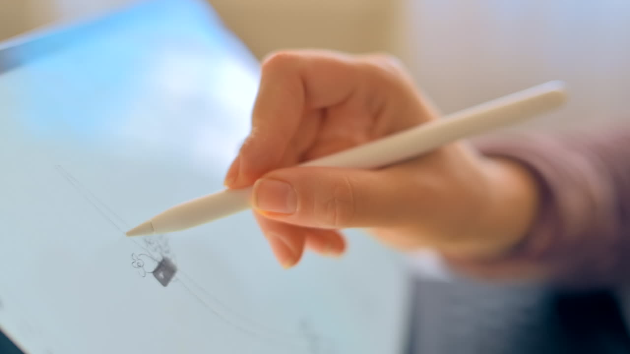 Woman sketching on a graphic tablet with a stylus pen