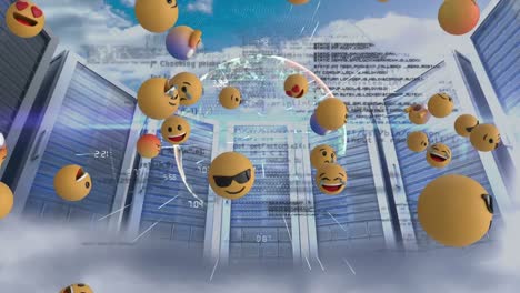 múltiples emojis de cara flotando sobre el globo giratorio y el servidor de computadora contra las nubes en el cielo