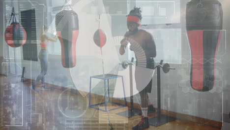 animation of data processing over man boxing in gym