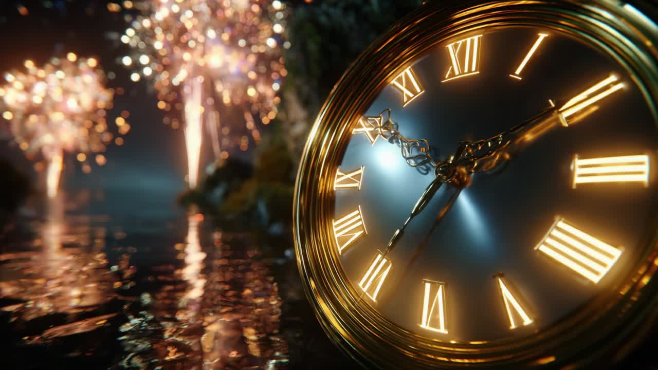 A beautiful clock surrounded by vibrant fireworks reflecting on the water at night, symbolizing the passage of time and the celebration of moments shared with family and friends in a festive atmosphere