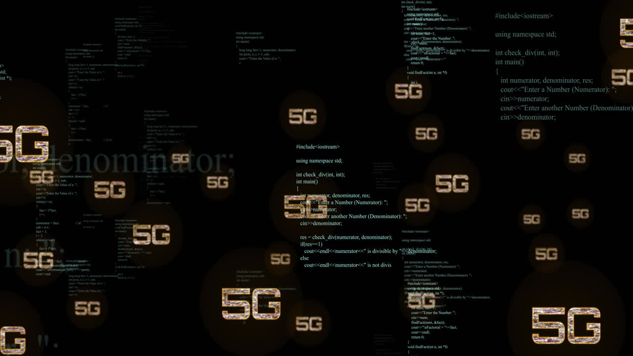 animación de texto 5g sobre código de programación en fondo negro