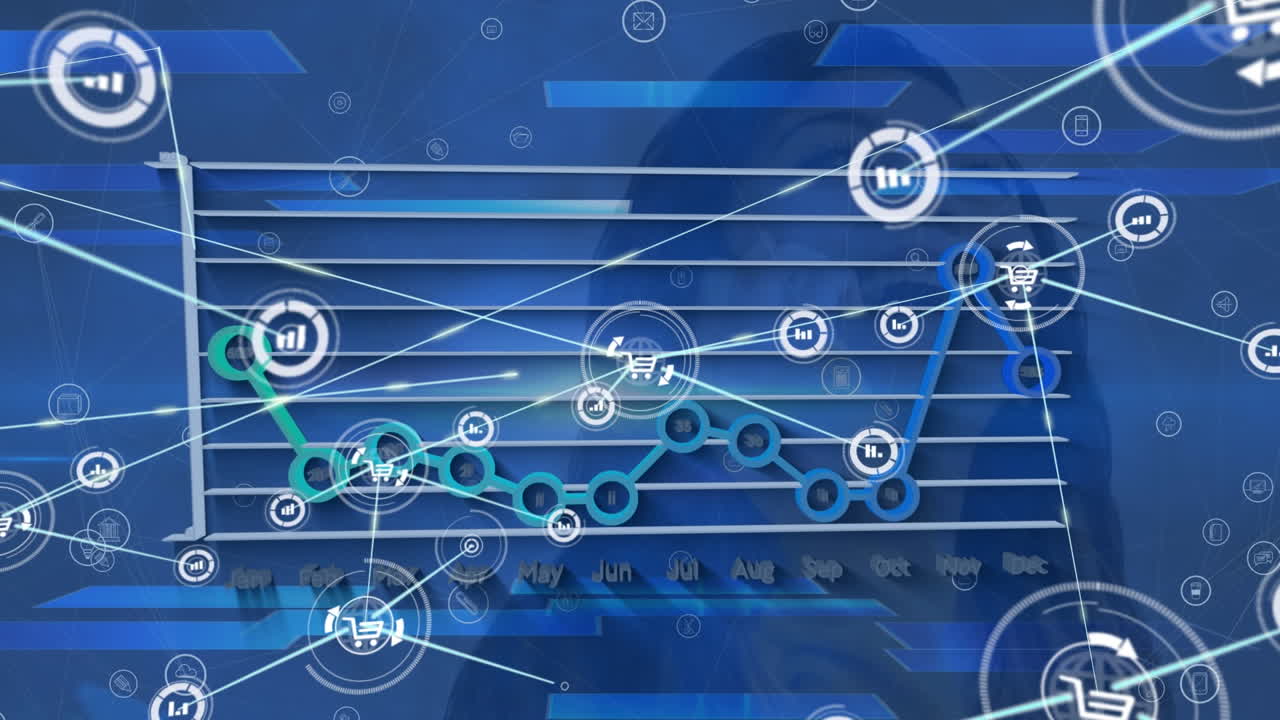 animación de la red de iconos de datos que procesan datos sobre gráfico sobre fondo azul
