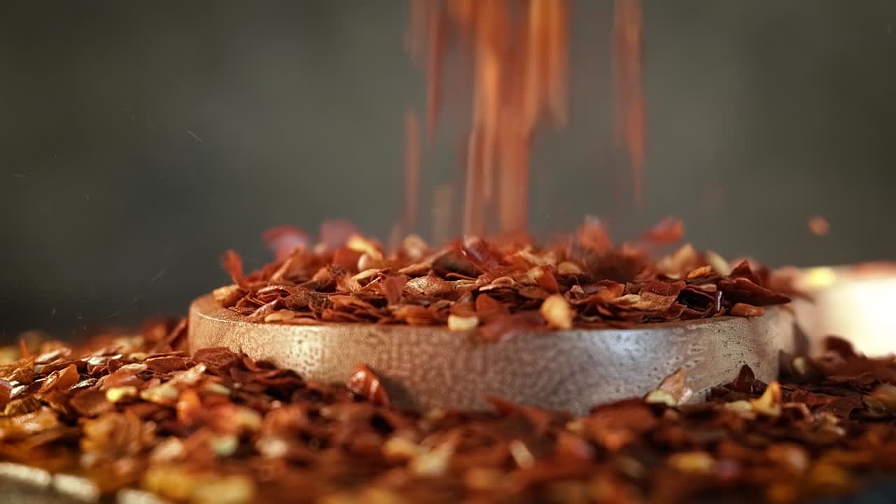 хлопья красного горячего перца чили в деревянной ложке на кухонном столе.