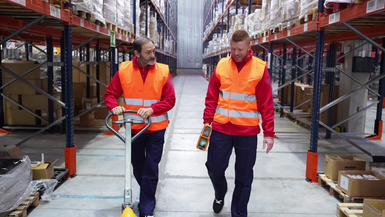 Warehouse workers inspecting inventory