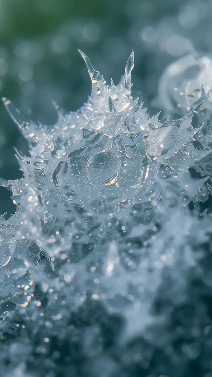 Vertical video: Impacting drop forming crown in macro, showing cavity and glints on green blur