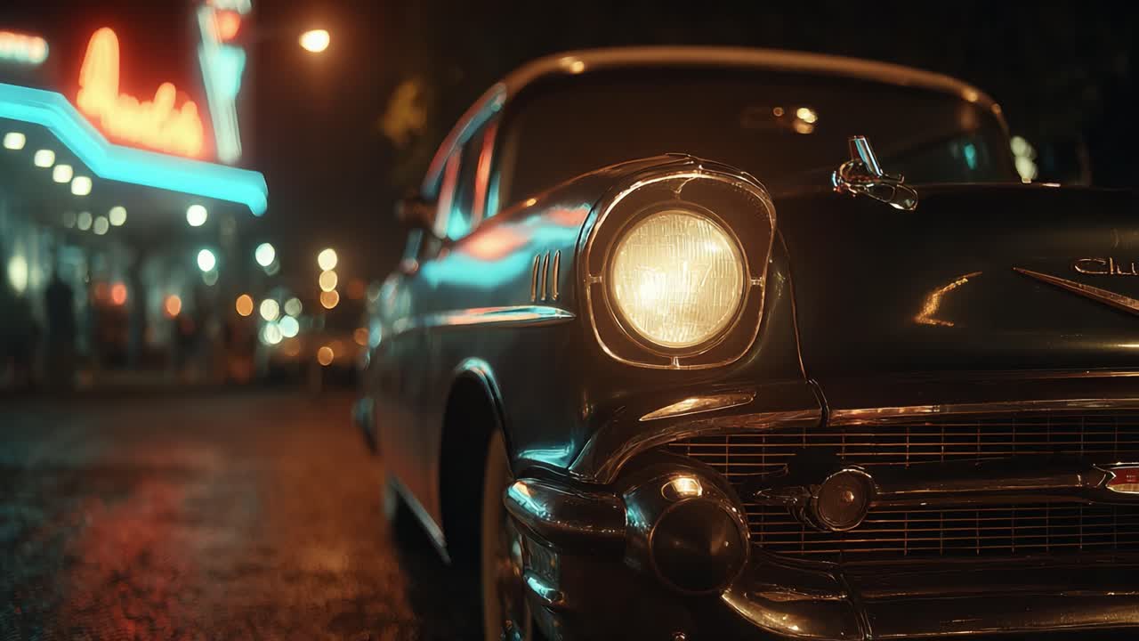 Eine fesselnde Nachtszene mit einem Oldtimer, der von Neonlichtern im Vintage-Stil beleuchtet wird und den Charme vergessener Epochen in einer gemütlichen städtischen Umgebung widerspiegelt