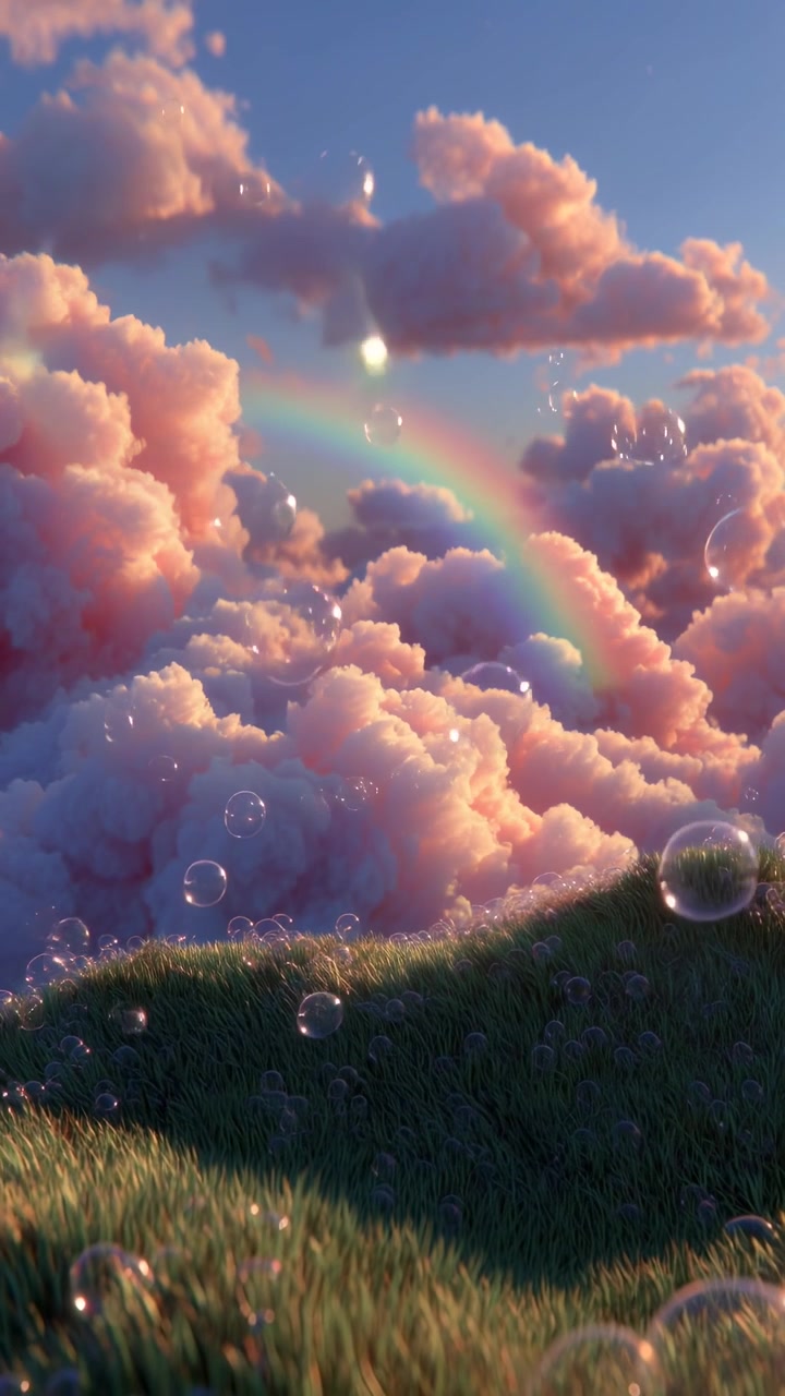 Bolle fluttuanti su una collina erbosa con arcobaleno e nuvole rosa
