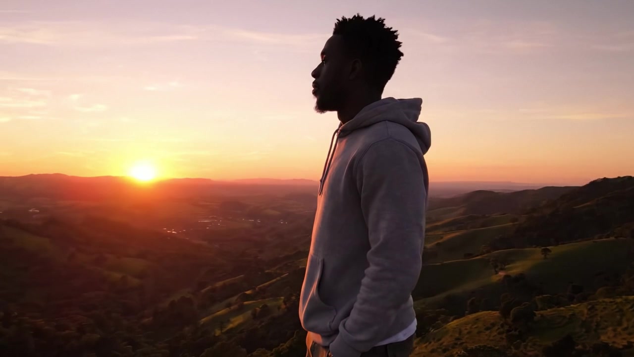 A Serene Sunset View: A Contemplative Moment of a Man Overlooking a Breathtaking Landscape as the Sun Sets on a Tranquil Evening