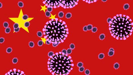 many corona virus germs in motion with chinese flag in background,animation