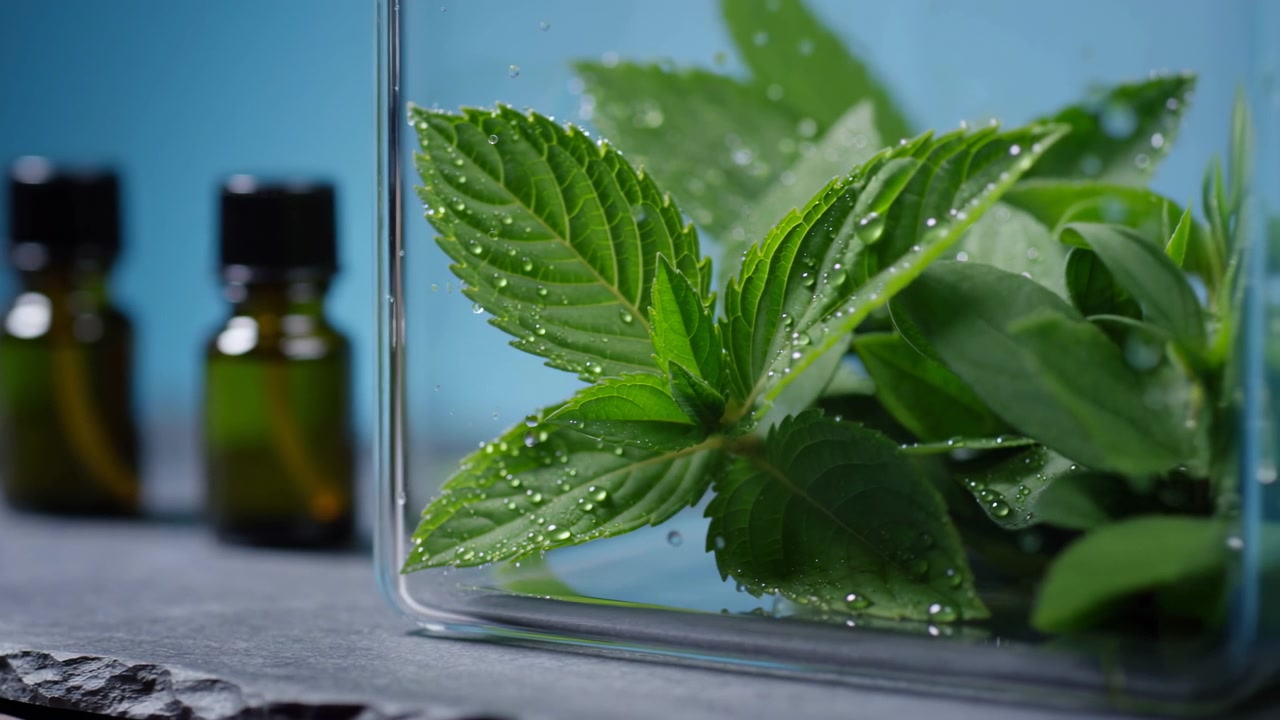 Foglie verdi fresche all'interno di un contenitore di vetro trasparente poggiano su un tavolo di ardesia, con goccioline d'acqua che aderiscono alle venature e ai bordi seghettati, creando texture botaniche umide, riflessi morbidi e calma.