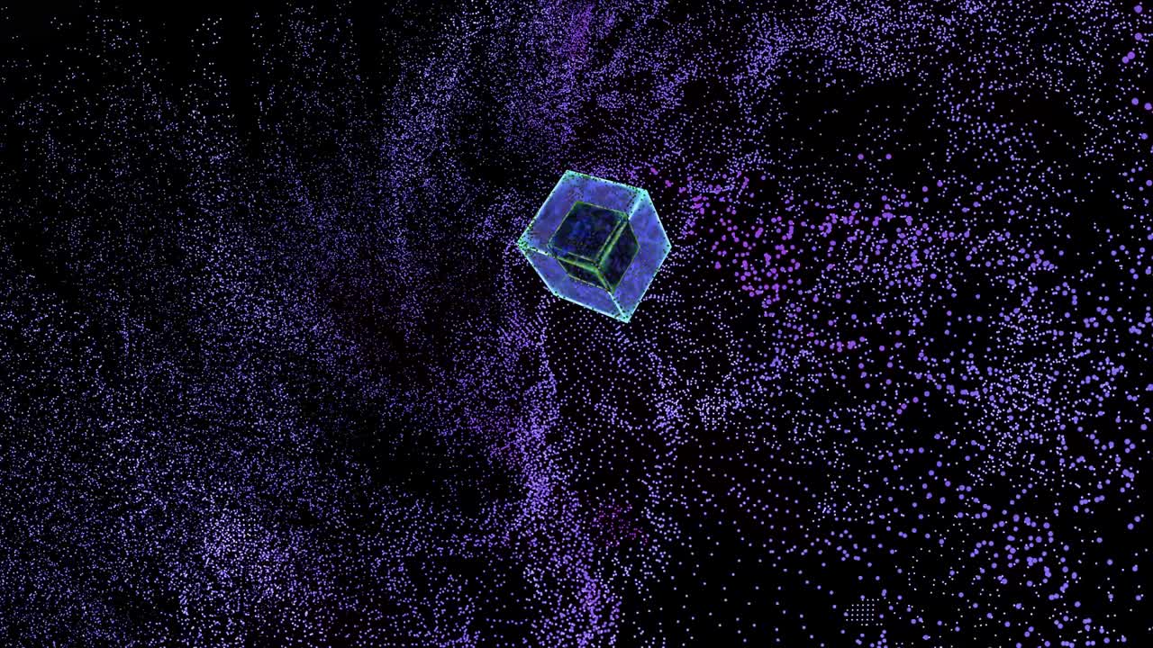 Quantum computer abstract cube and purple particles big data digital technology moving around