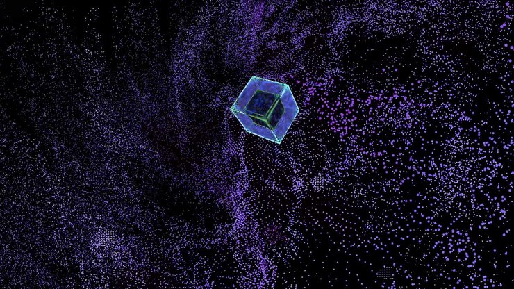 Computer quantistico: cubo astratto e particelle viola, tecnologia digitale big data in movimento
