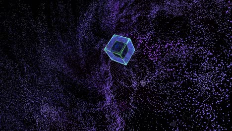 quantum computer abstract cube and purple particles big data digital technology moving around