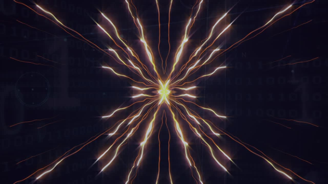 Animation of light trails over data processing on black background
