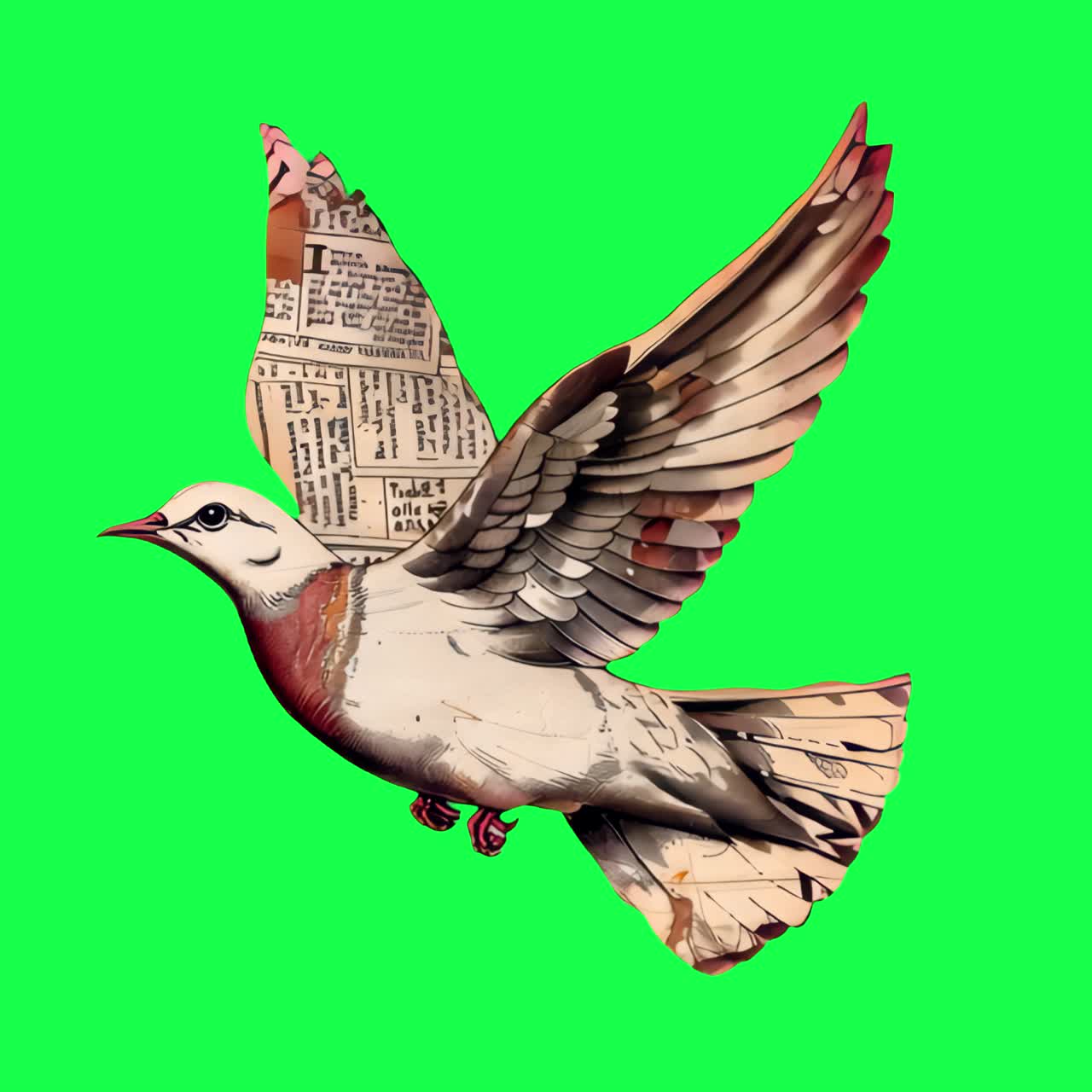 Collage bird flying gracefully animation, transparent 4K video, green screen
