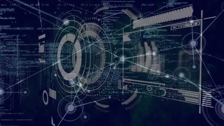 Animation of statistics and data processing over dark background