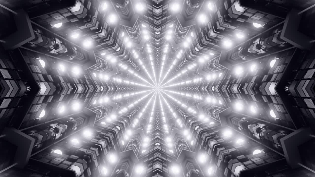 Star shaped tunnel with bright monochromatic lights in the corners