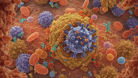 high-resolution microscopic view of immune cells interacting with pathogens in human tissue, showcasing cellular defense mechanisms at a microbial level