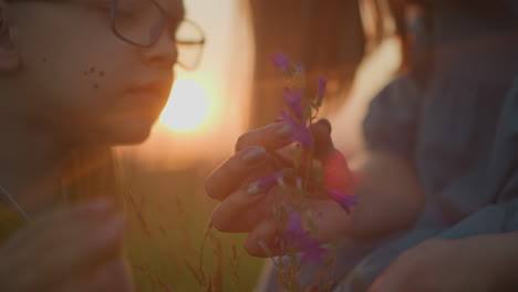 a touching scene where a young boy wearing glasses closely observes as a woman's hand gently touches a purple flower in the warm glow of sunset, capturing a tender moment of curiosity and nature