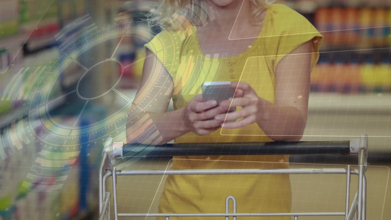 Woman behind grocery cart, placing phone to ear, calling, pointing to confirm, HUD marking shelves