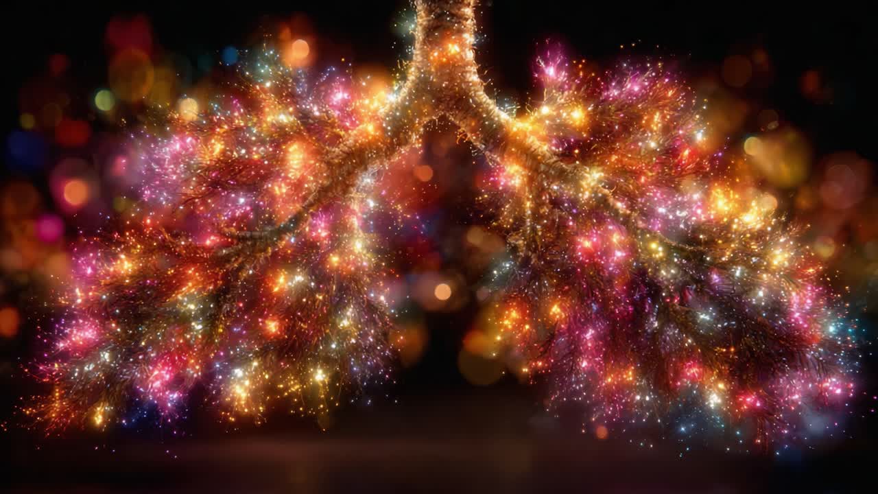 A Spectacular Visualization of Lungs as Glittering Cosmic Structures Illuminated by Colorful Lights, Representing the Beauty of Breathing and Life's Vitality