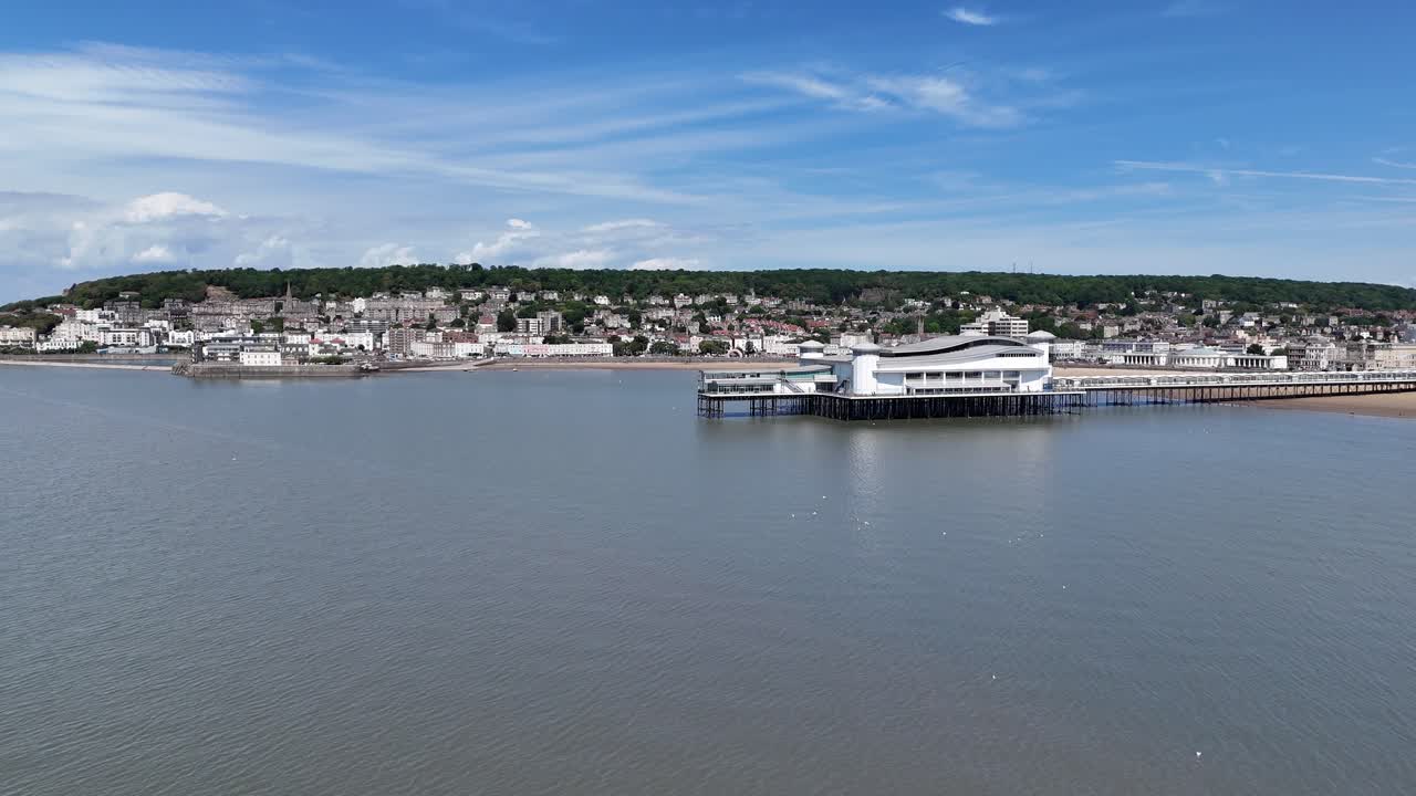 Weston-super-Mare Somerset UK seaside town Panning drone aerial summer's day