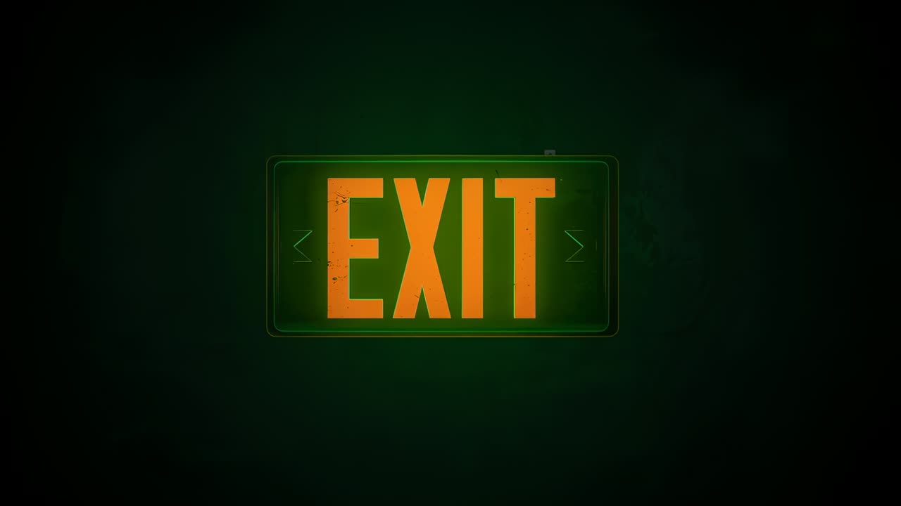 Moving right teal light sweeping across plaster wall revealing texture to reveal EXIT sign