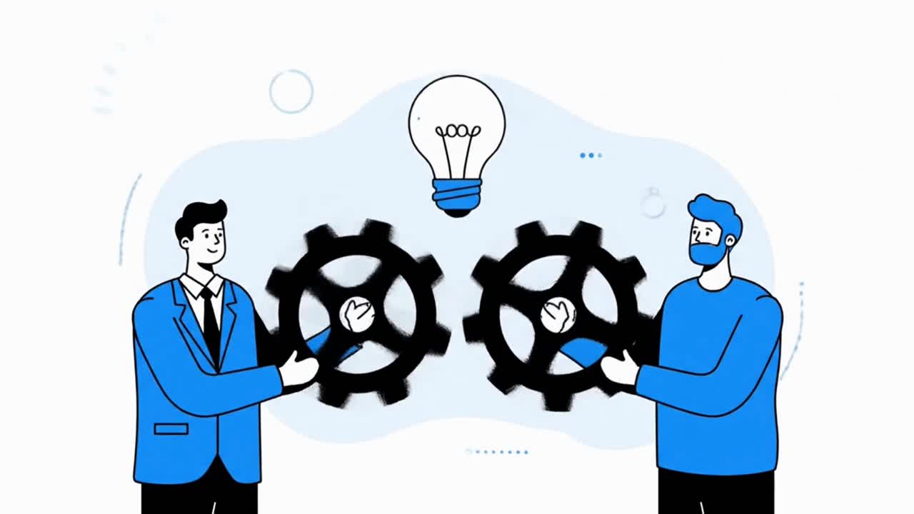 Two businessmen collaborating to connect gears and create a new idea