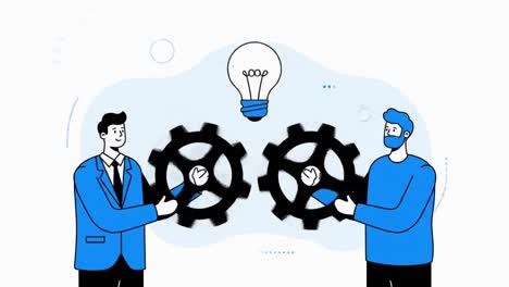 Two businessmen collaborating to connect gears and create a new idea