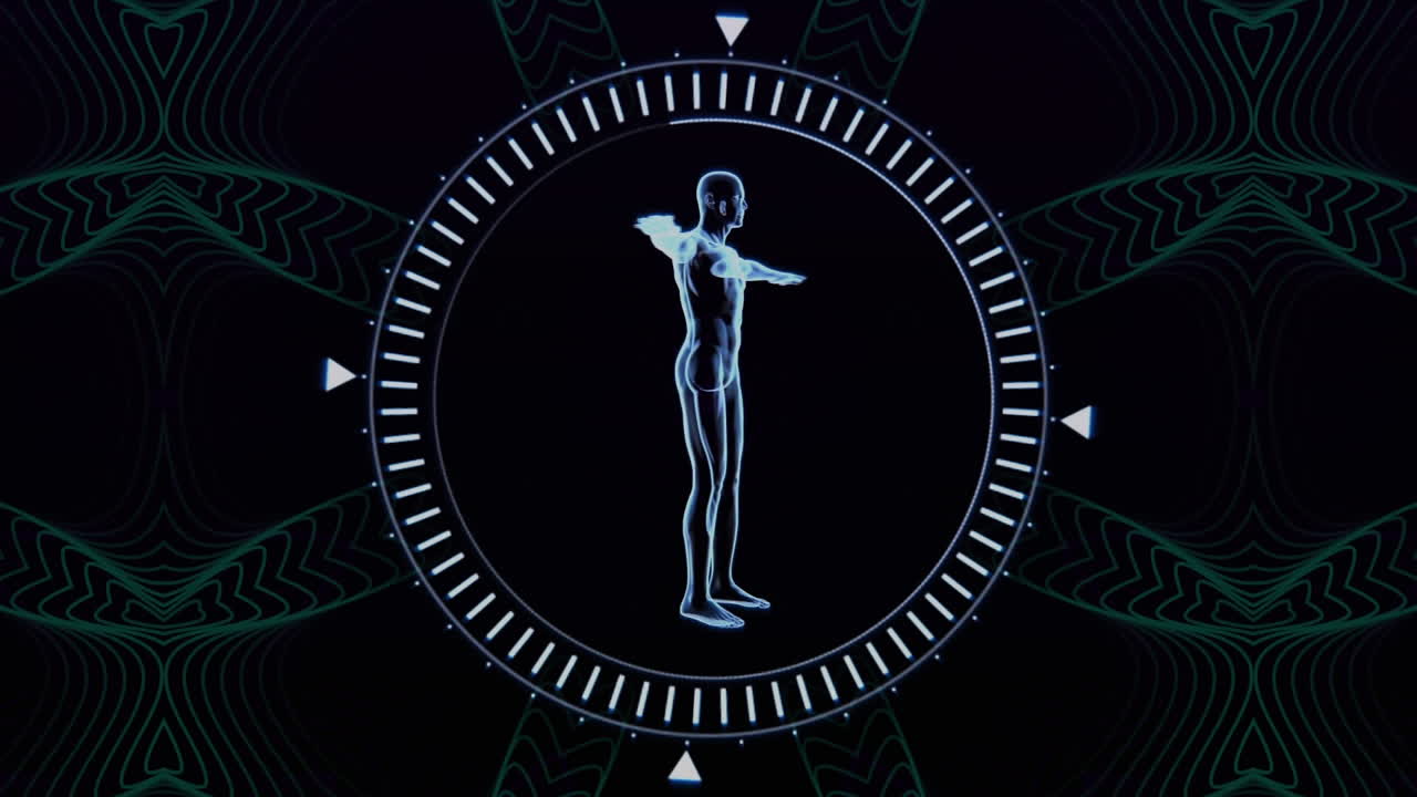 modelo humano azul girando en círculo con marcadores sobre formas azules