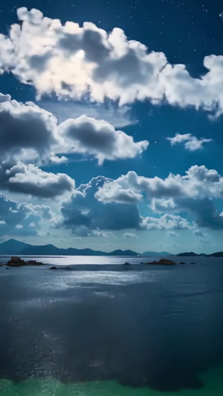 Video verticale: Telecamera in panoramica che mostra la luna piena che si riflette sull'oceano, rivelando nuvole e stelle.