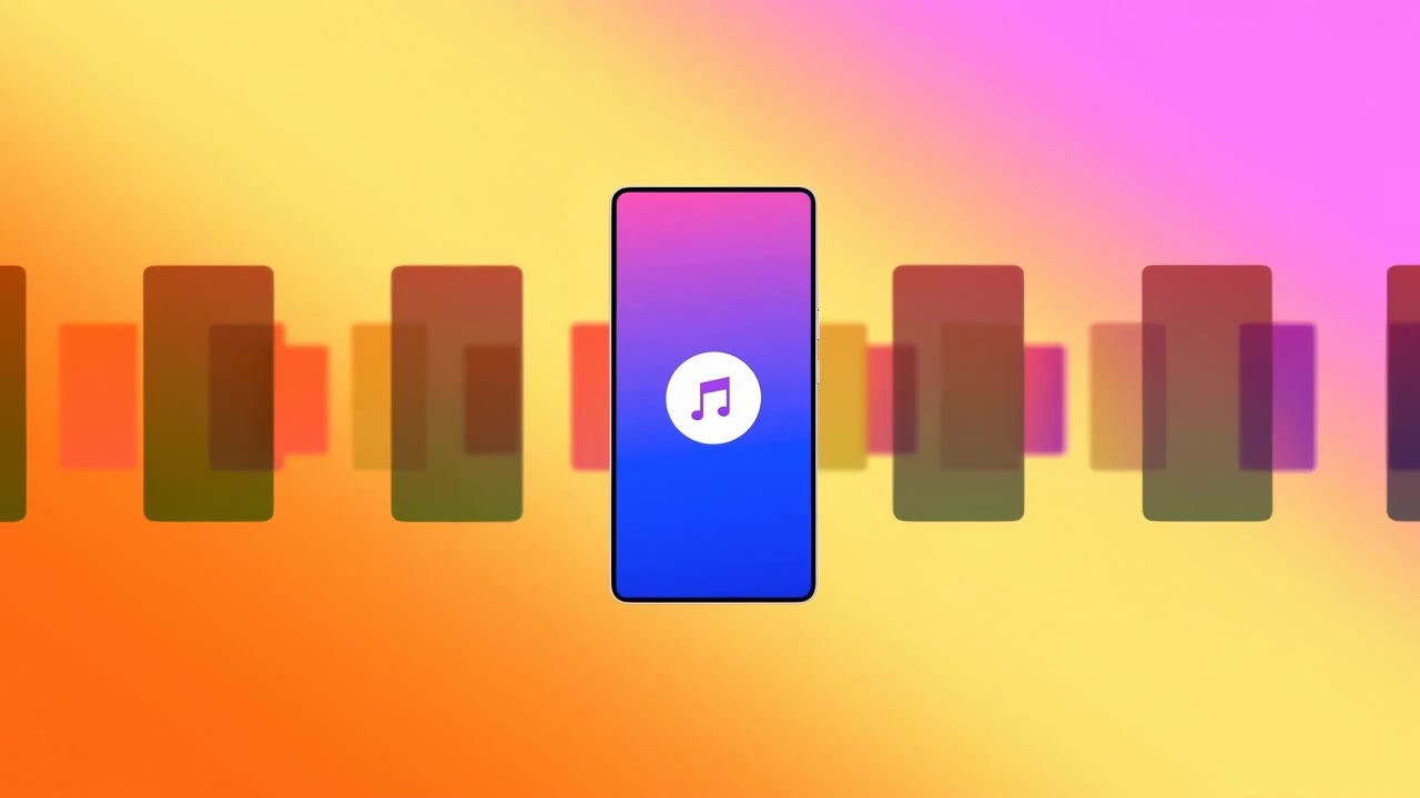 A centered smartphone shows a music symbol on a vibrant purple and blue screen, surrounded by blurred rectangular panels and warm gradient lighting in an abstract technology setting