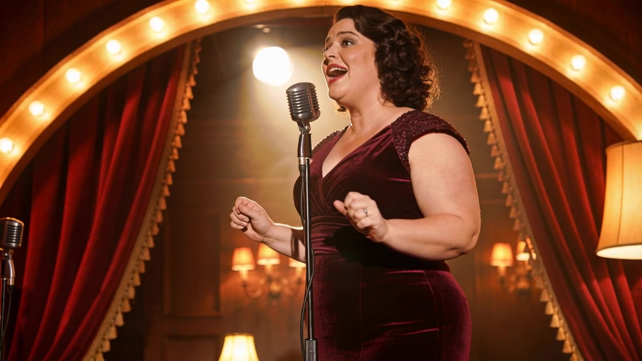 Cantante in abito di velluto che risponde a un segnale luminoso su un palco da cabaret, con microfono vintage.