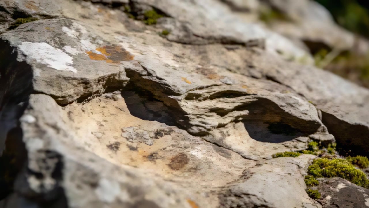 Racking focus camera studying worn rock outcrop, showing hollows with orange lichen and green moss