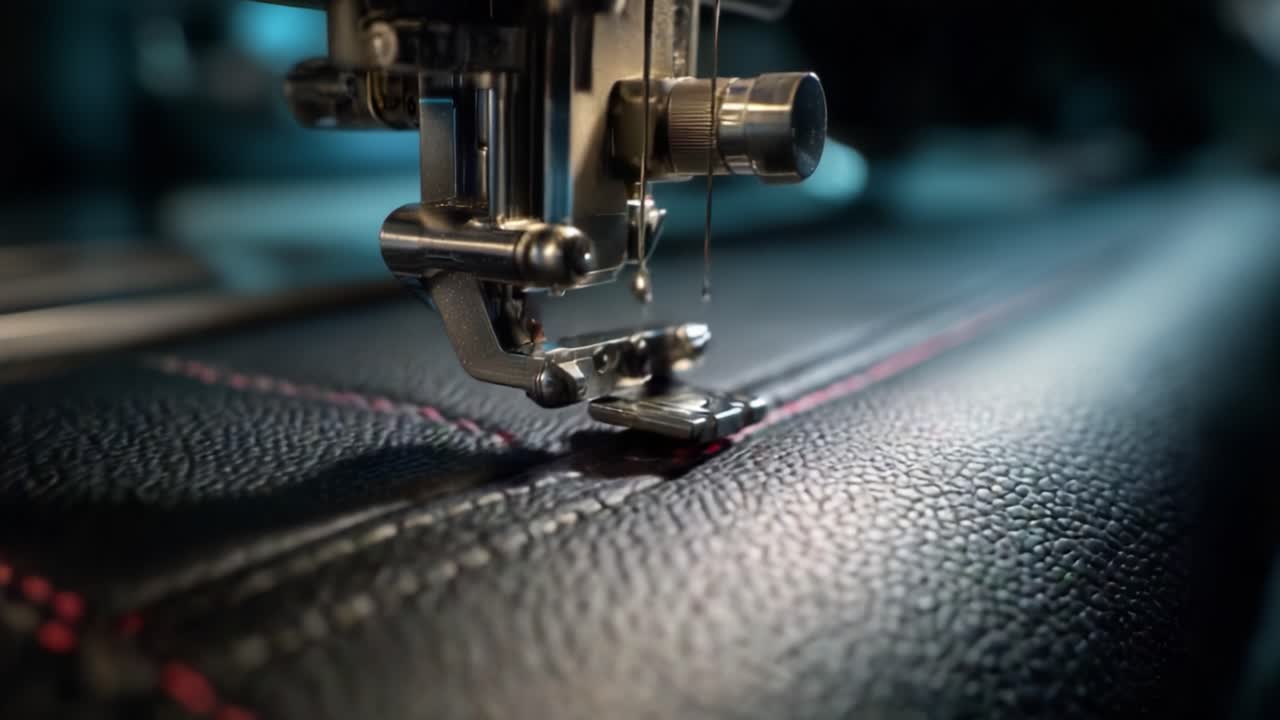 Close-Up of Precision Sewing Machine Stitching Fine Leather with Intricate Red Thread, Featuring Detailed Mechanics and Artisan Craftsmanship in a Workshop Environment