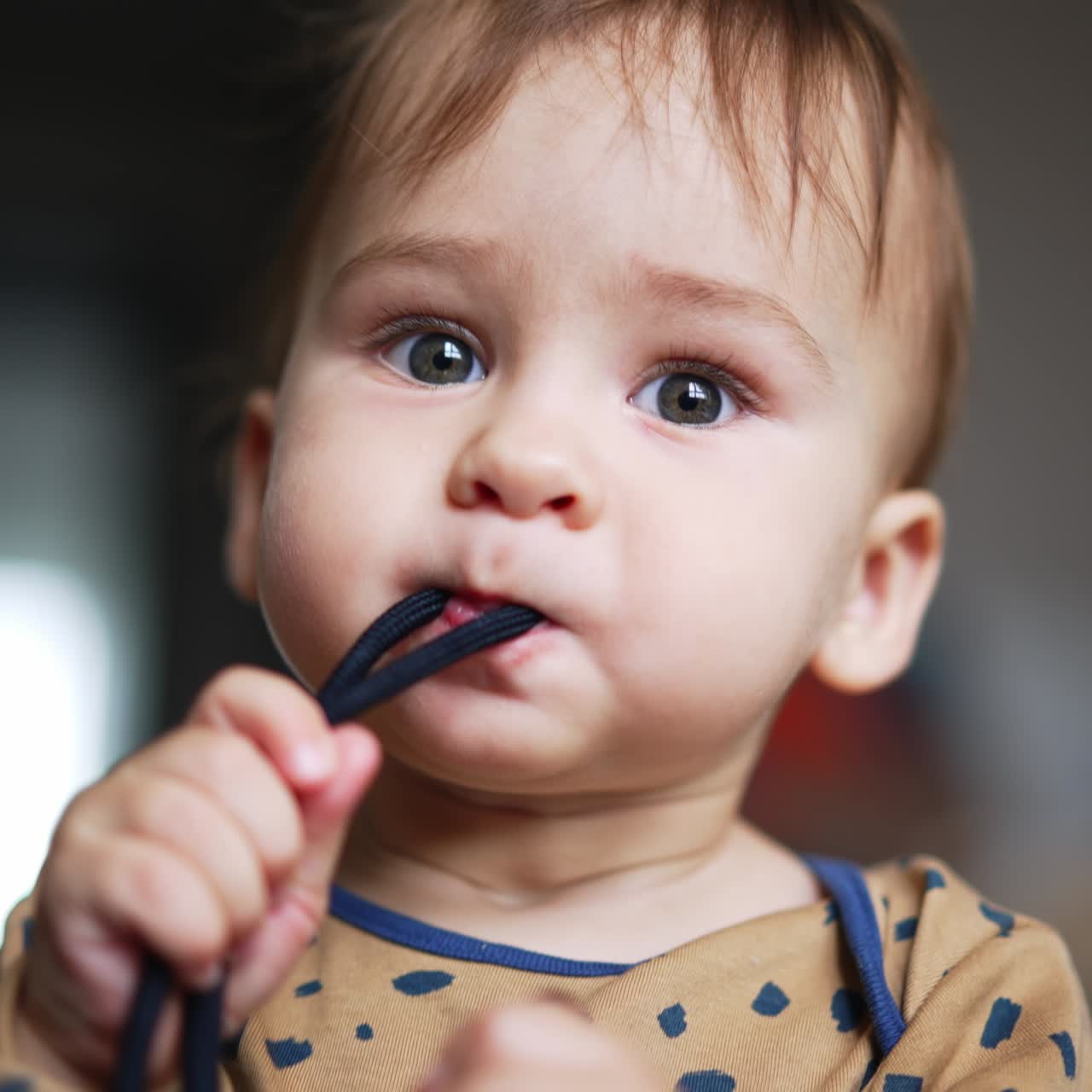 Cute funny baby boy holding a black cord in his mouth. Beautiful adorable kid portrait busy with a thing from the surrounding area. Close up