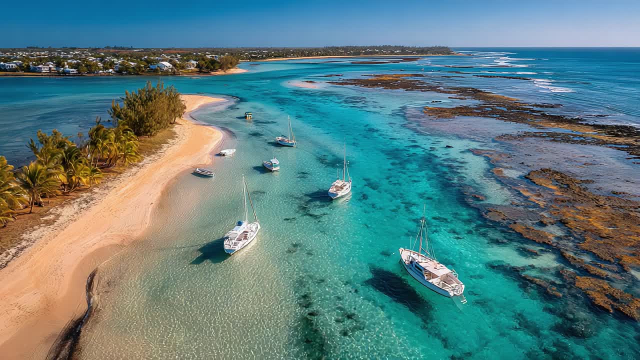 Paradiso costiero sereno: vista aerea di barche a vela ancorate in acque cristalline, circondate da un lussureggiante paesaggio tropicale e spiagge tranquille