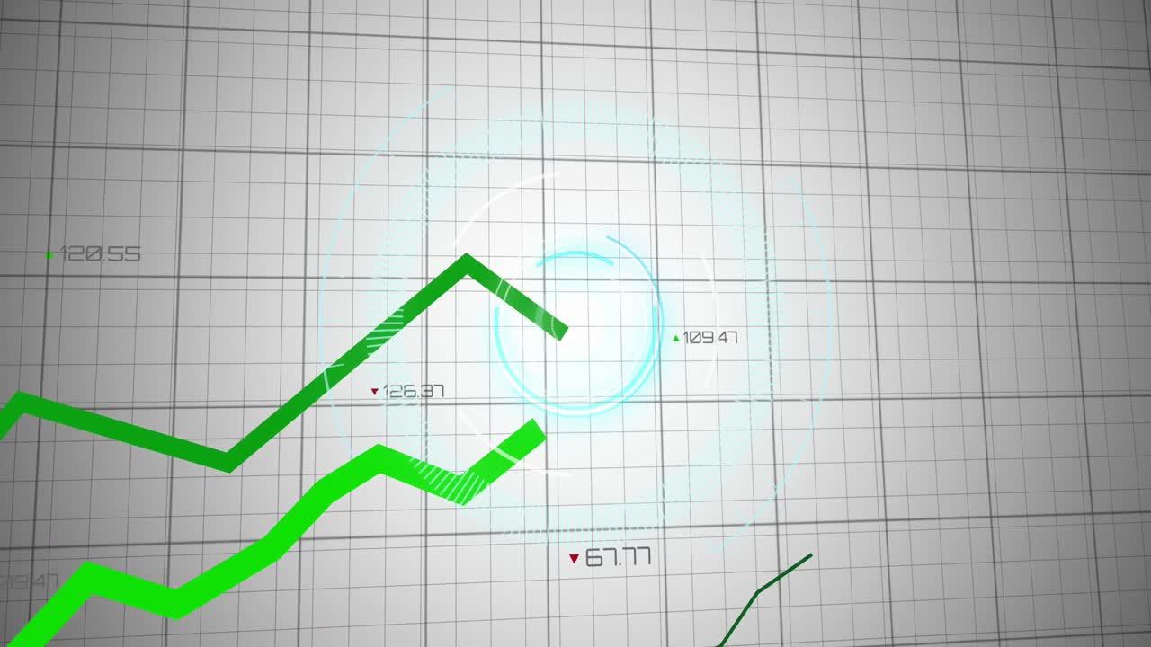Animazione di una scansione su linee verdi ed elaborazione di dati finanziari.