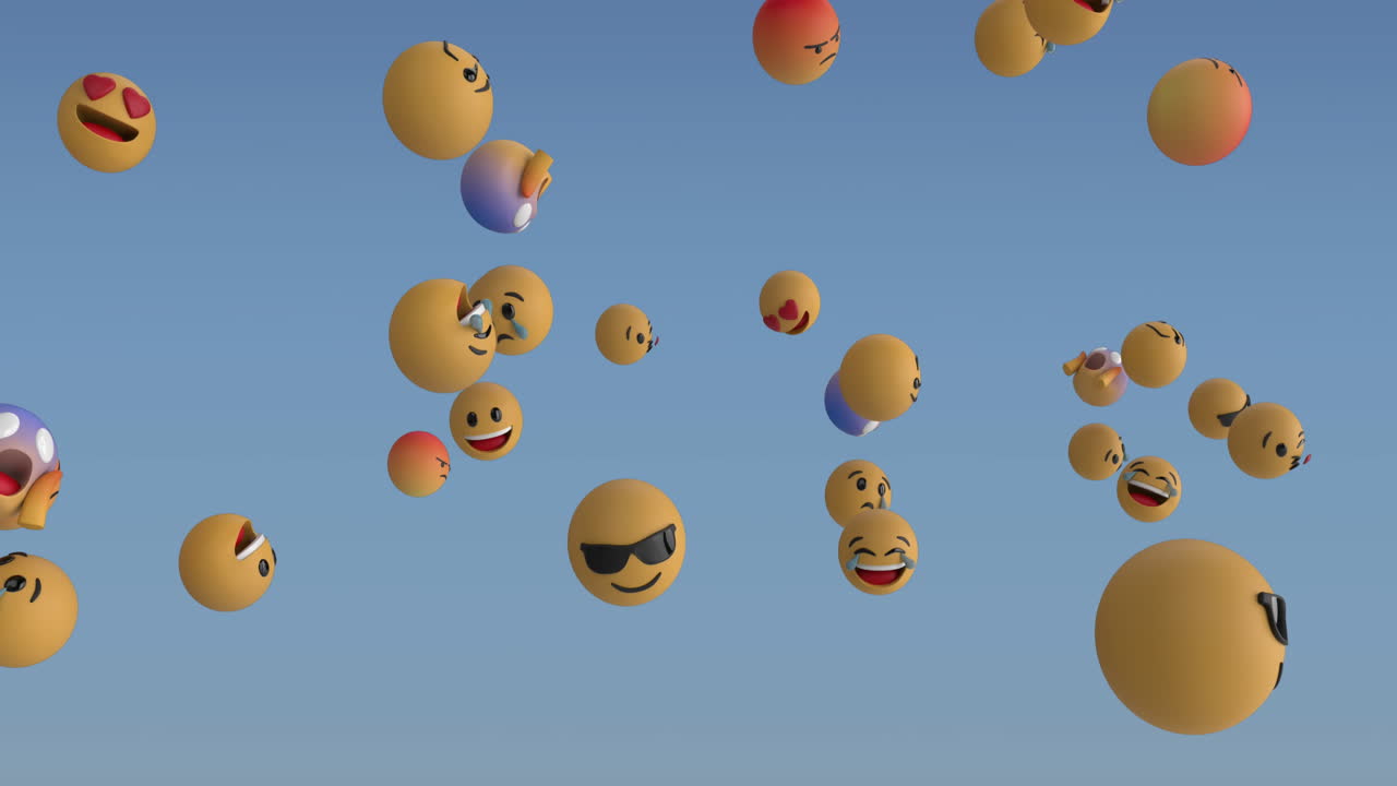 animación de múltiples emojis de caras flotando contra un fondo de gradiente azul.