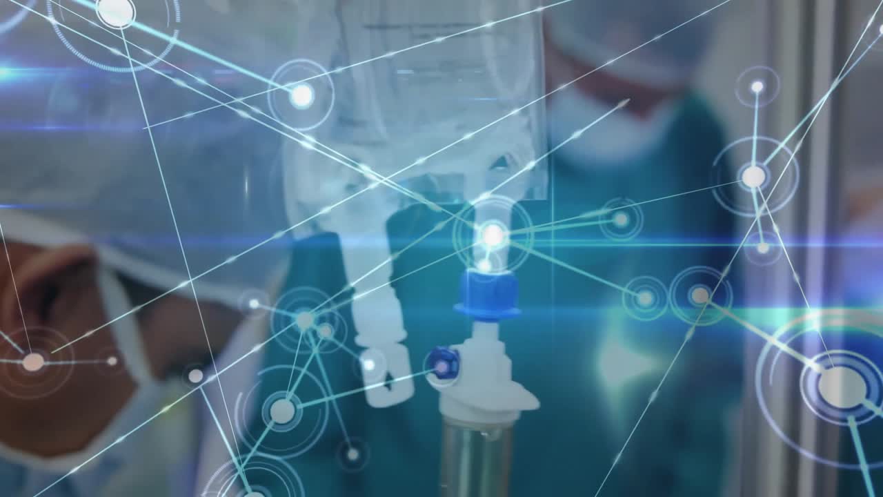 Animation of network of connections with spots over diverse surgeons during surgery