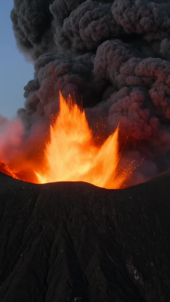 Vertical video: Erupting volcanic crater sending lava fountains past rim as magma forcing ash plume