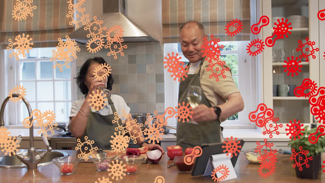 Couple cooking and toasting, cooking sparking animated germs spreading over island posing health r