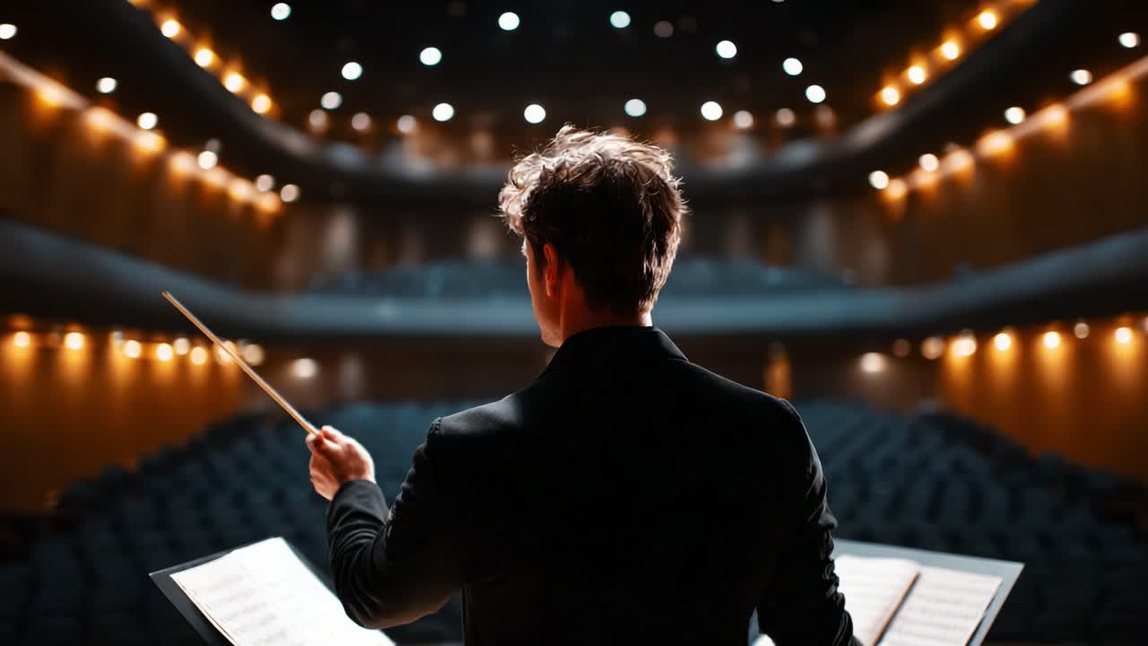 Un direttore d'orchestra guida con passione un ensemble, agitando una bacchetta in un auditorium vuoto, enfatizzando la bellezza sottovalutata dell'esibizione dal vivo e della creazione musicale
