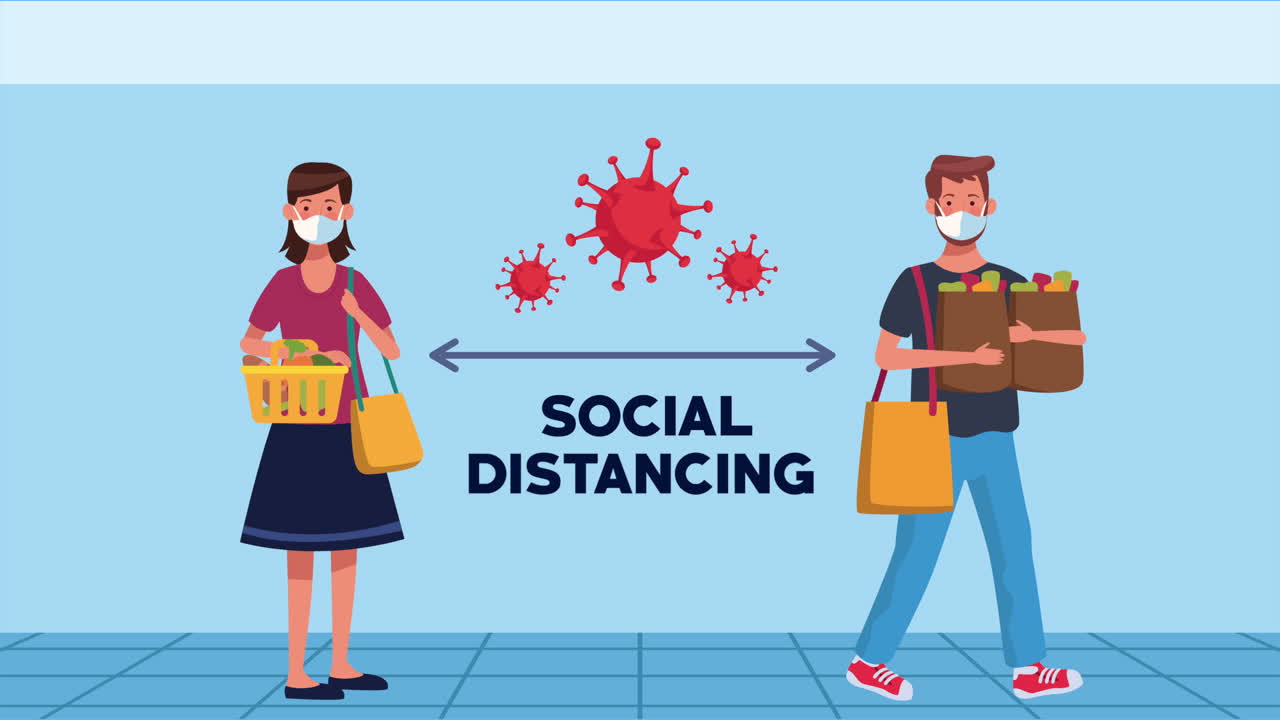 슈퍼마켓에서 커플과 함께 사회적 거리 두기 캠페인