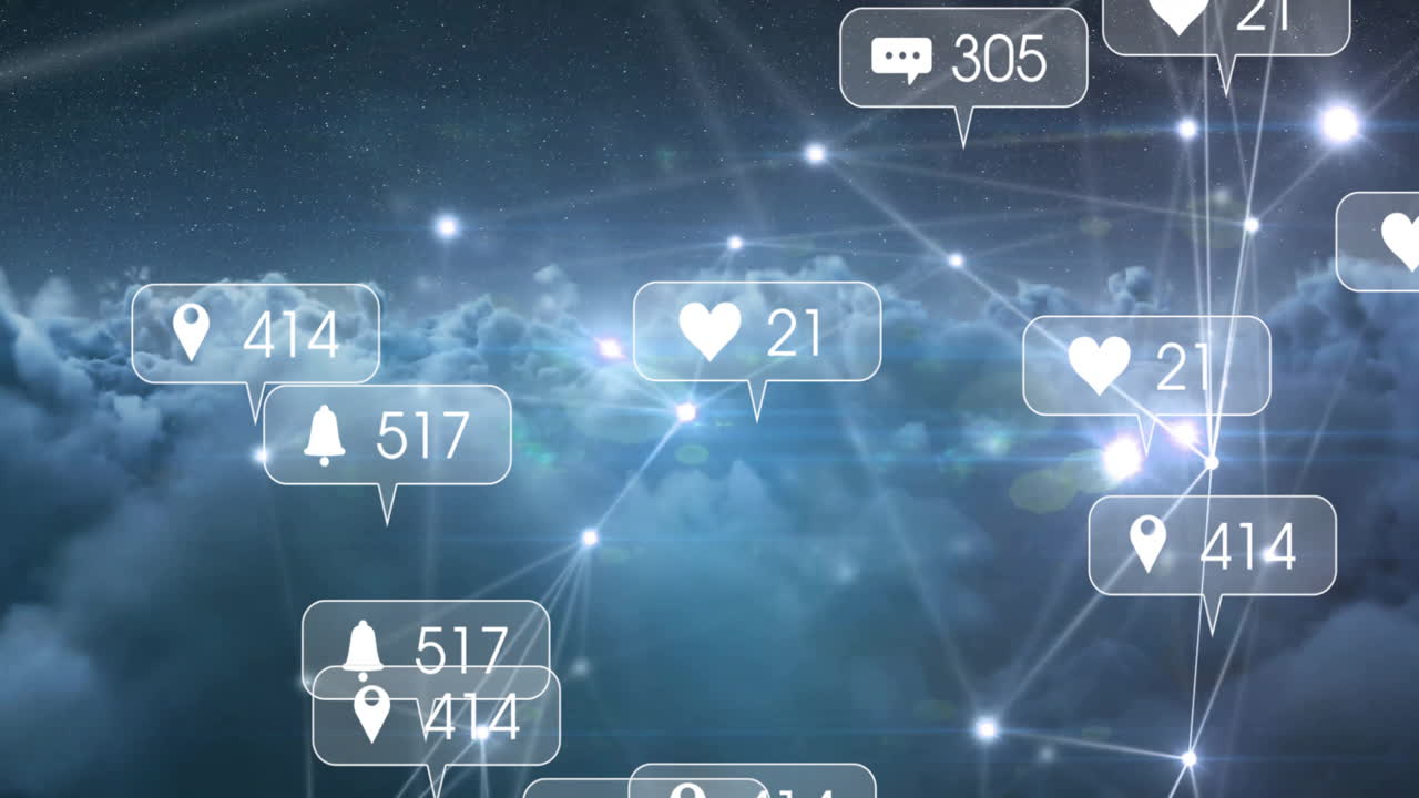 소셜 미디어 알림: 네트워크 연결 및 클라우드 배경에 대한 애니메이션