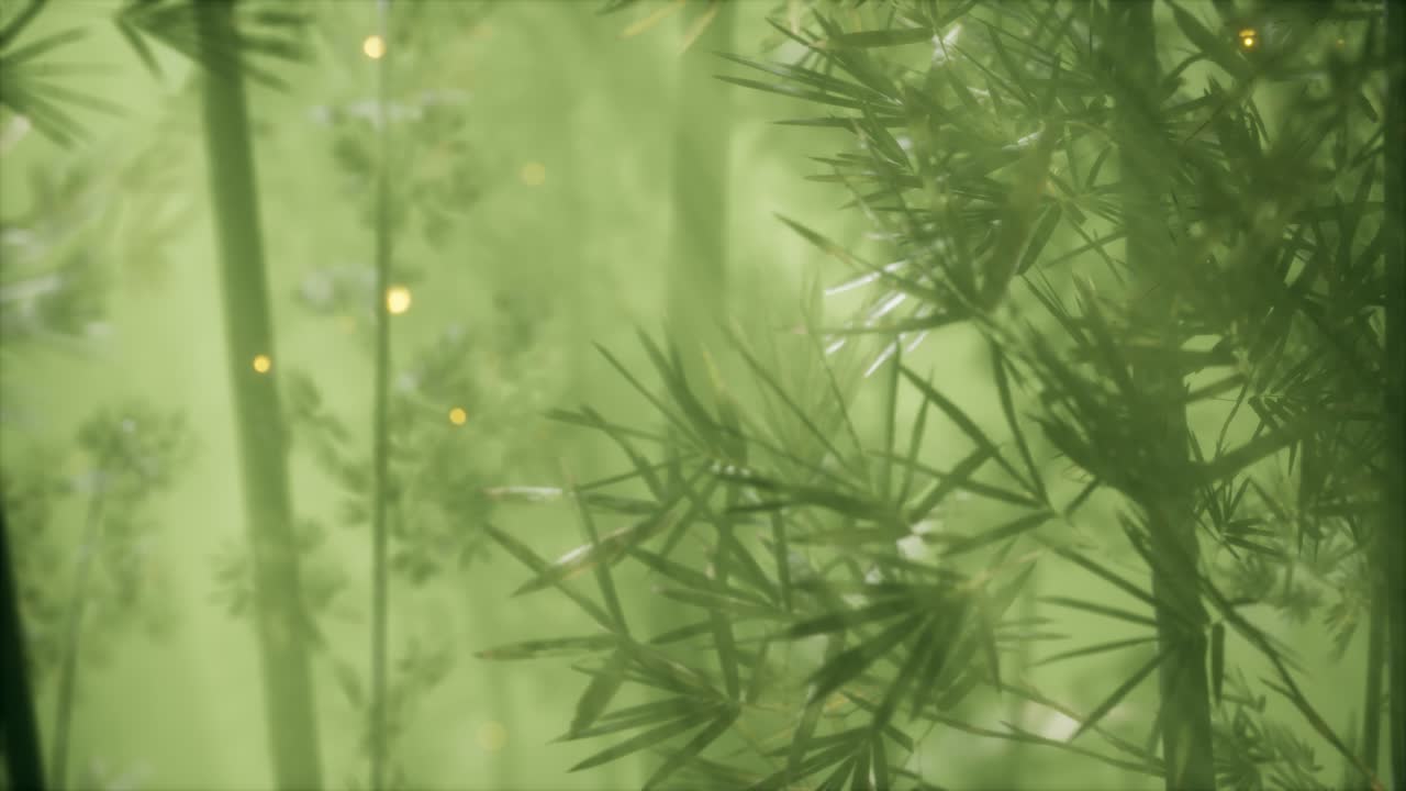 bosque de bambú asiático con tiempo de niebla matutina