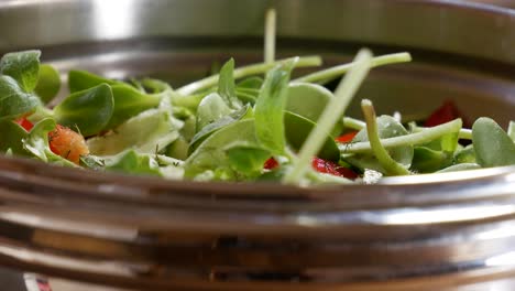 throwing fresh dill into salad mix bowl in close up view