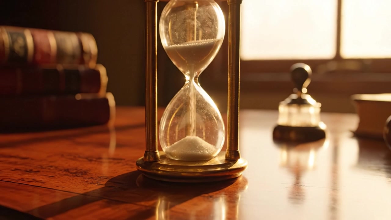 Una clessidra finemente realizzata che cattura l'essenza del tempo con la luce soffusa del sole che filtra da una finestra in un elegante ambiente di studio
